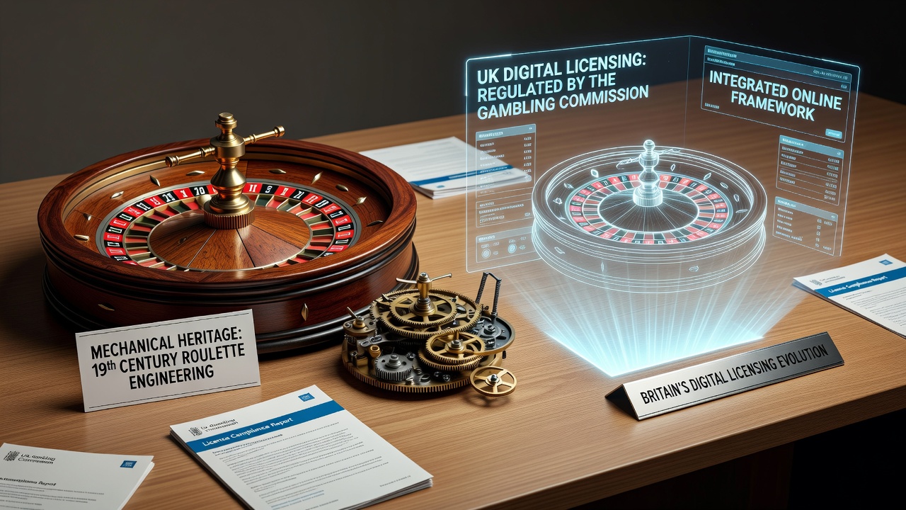 Close-up of precision-engineered roulette wheel components alongside digital interface diagrams used in licensing documentation